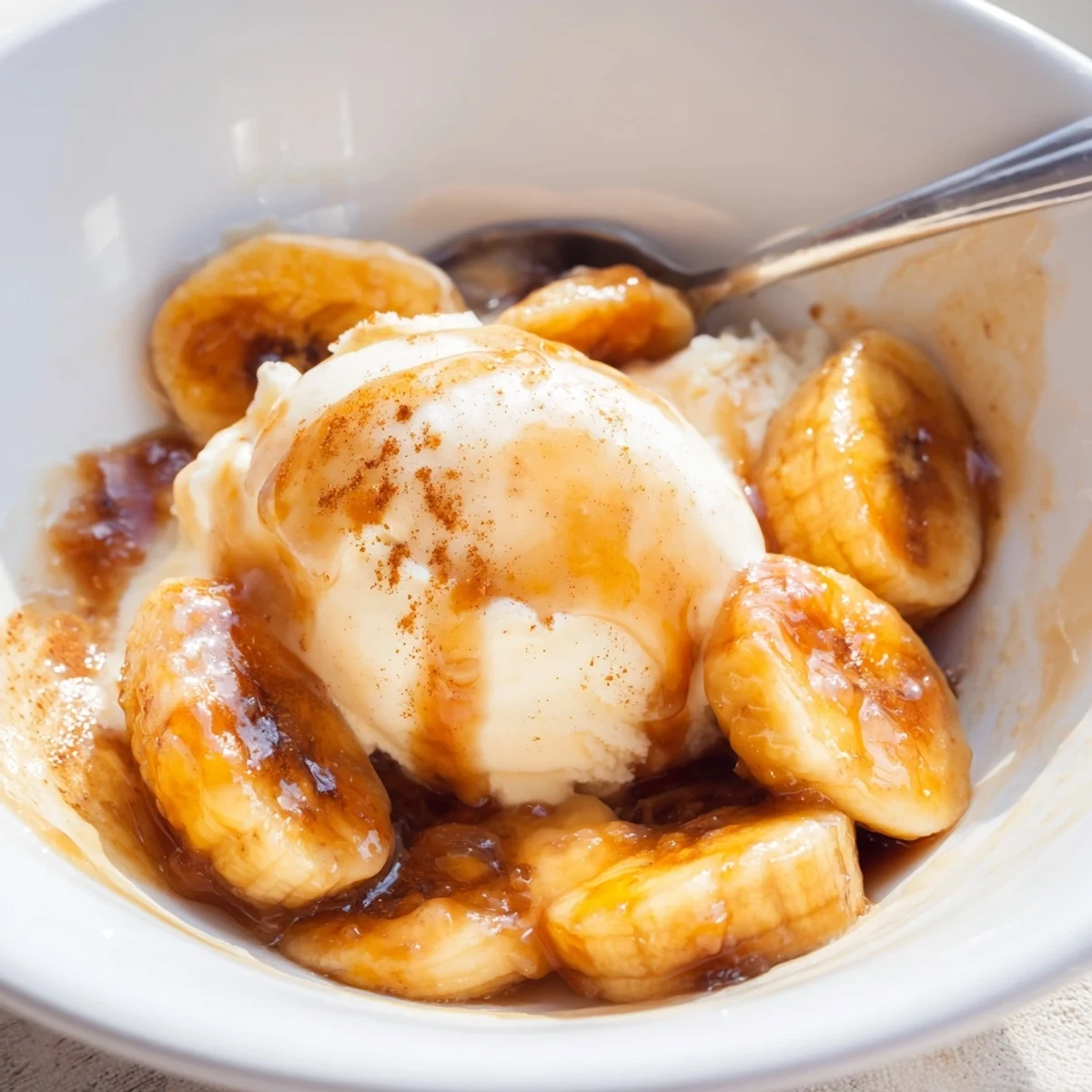 Juicy banana slices glisten with cinnamon and orange juice in this Classic Bananas Foster, ready to spoon over vanilla ice cream for a sweet finish.
