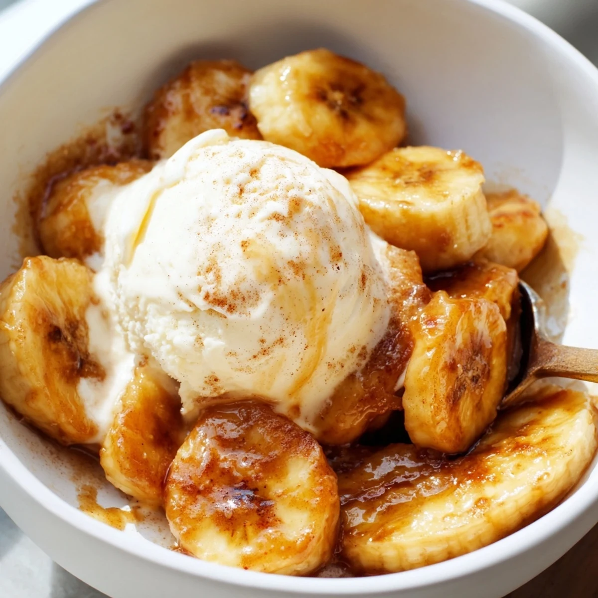 Warm caramelized bananas simmer in a buttery brown sugar sauce, served over scoops of vanilla ice cream in a cozy Classic Bananas Foster dessert.