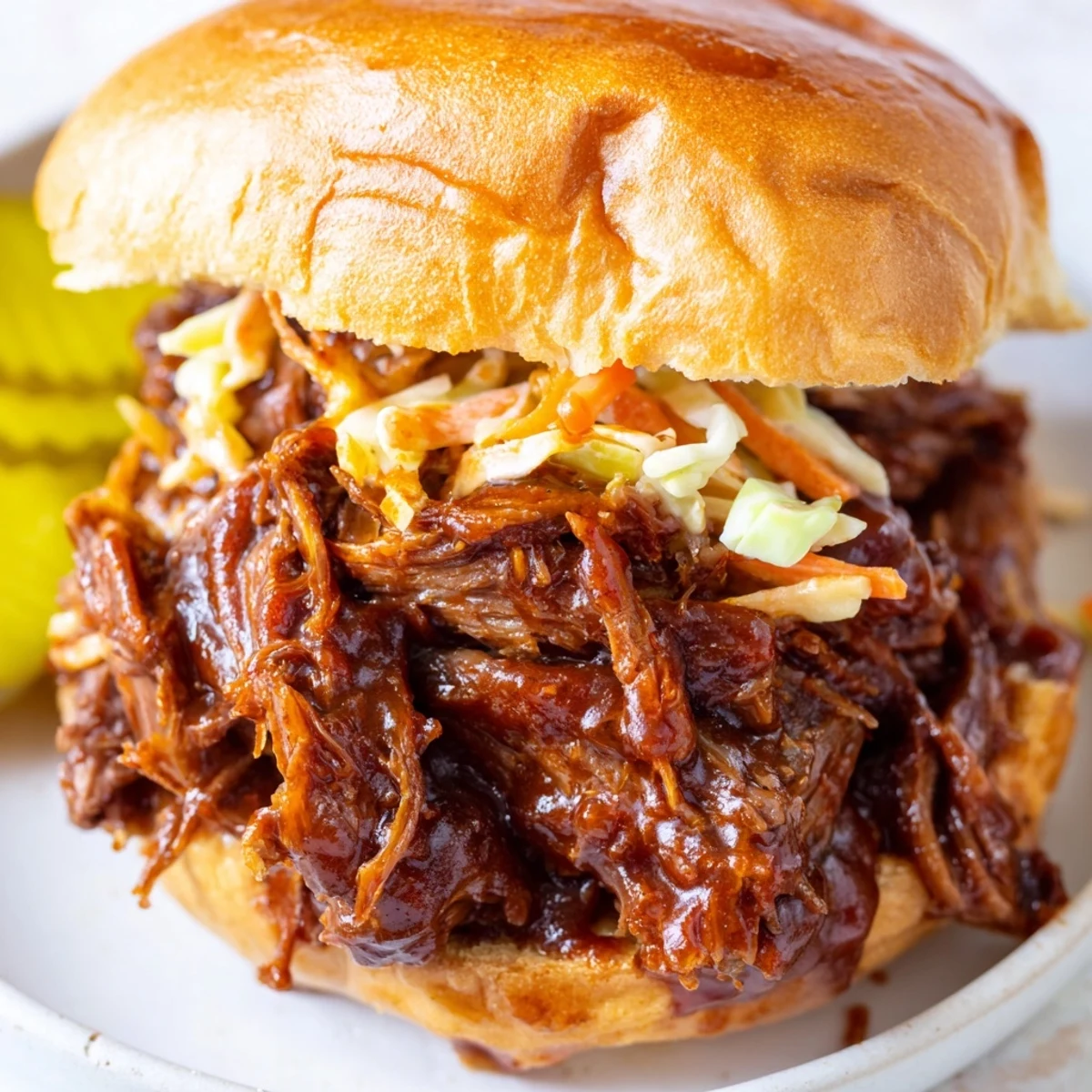Golden-brown shredded beef glistening with smoky barbecue sauce piled onto a toasted bun with creamy slaw.