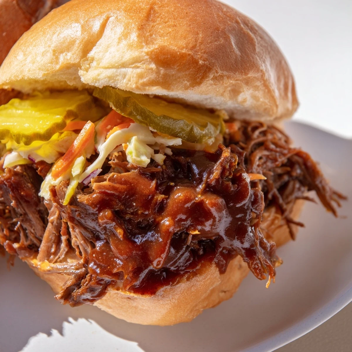 MVP Pulled Beef Sandwiches are assembled on a platter with pickle slices and extra sauce on the side.