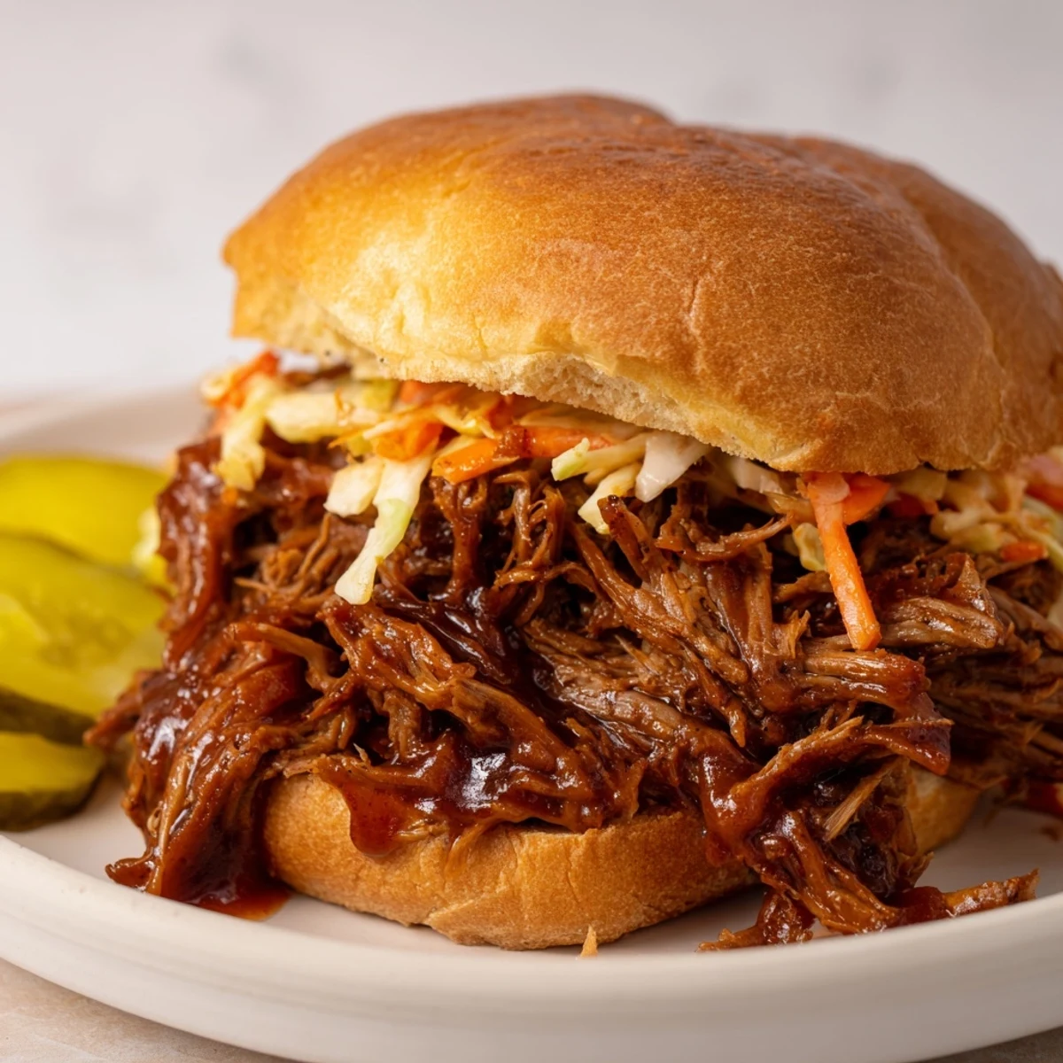Tender slow-cooked beef is piled high on soft buns with tangy slaw and drizzled barbecue sauce.