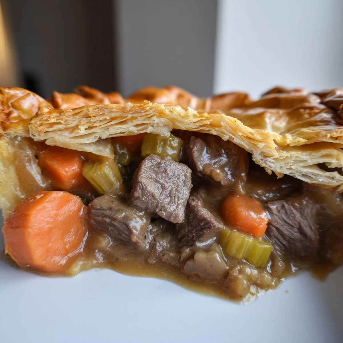 Golden puff pastry covers a hearty Irish Beef and Guinness-Free Pie, with tender beef cubes and colorful root vegetables peeking from the savory gravy.