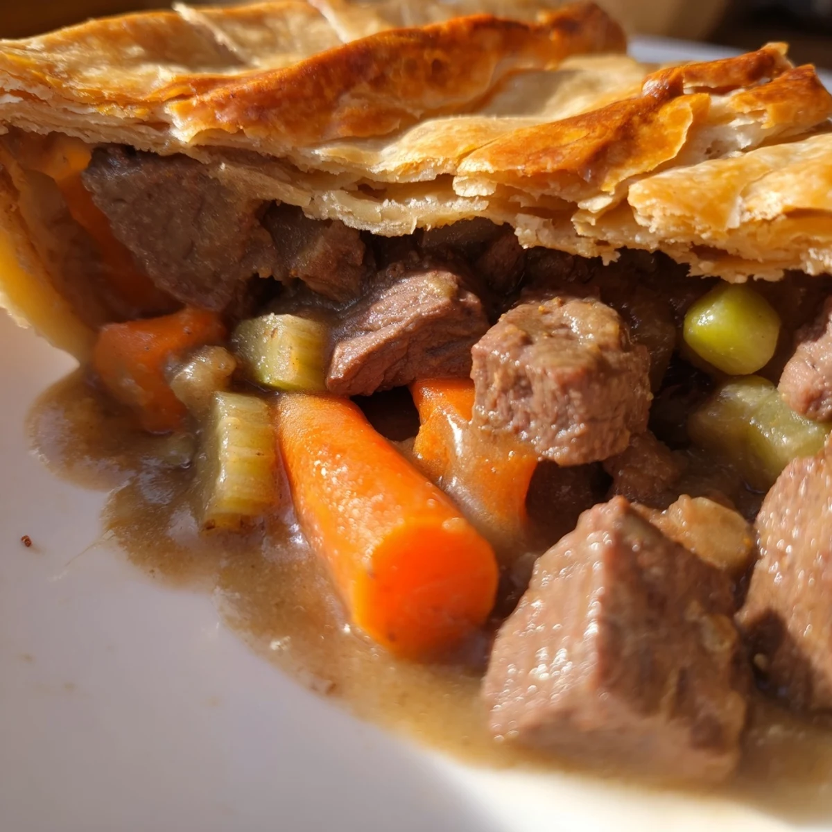 A slice of Irish Beef and Guinness-Free Pie reveals rich, dark gravy and soft beef nestled among carrots and celery, served on a rustic plate.