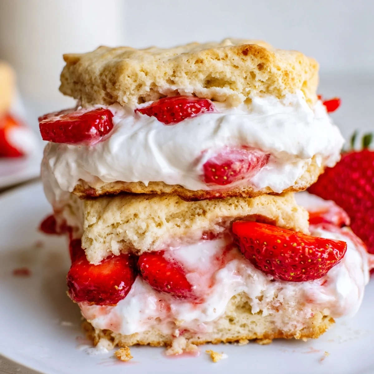 Freshly baked Strawberry Shortcake with Fresh Whipped Cream ready to serve, with macerated strawberries and pillowy cream layered on tender biscuits.  