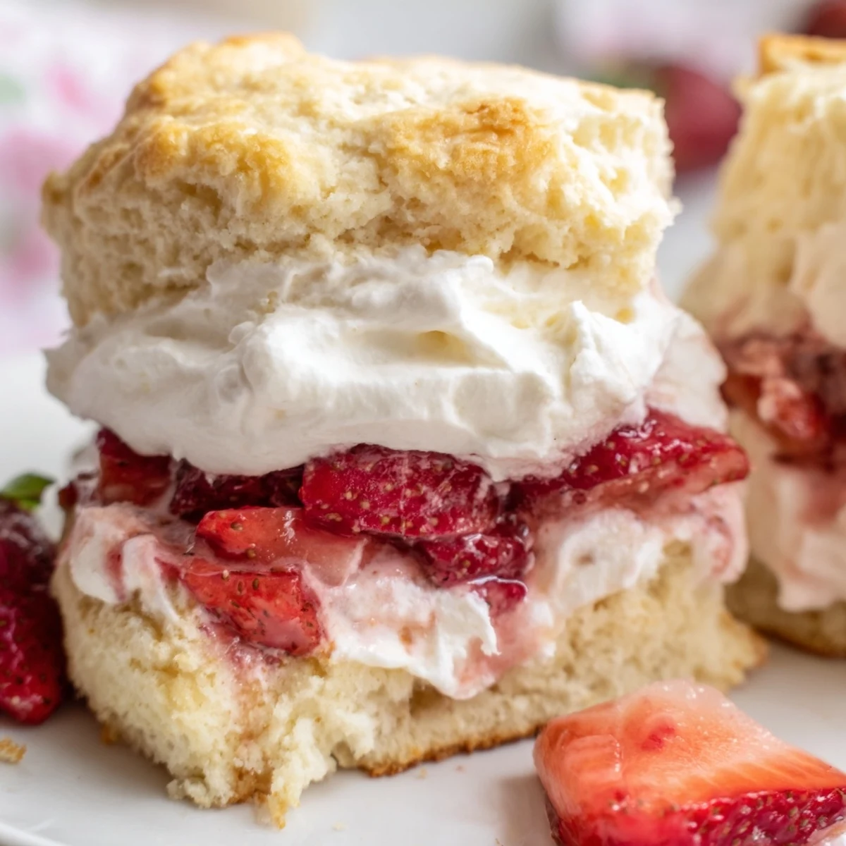Warm Strawberry Shortcake with Fresh Whipped Cream features golden, split biscuits topped with juicy red berries and a cloud of sweet cream.  