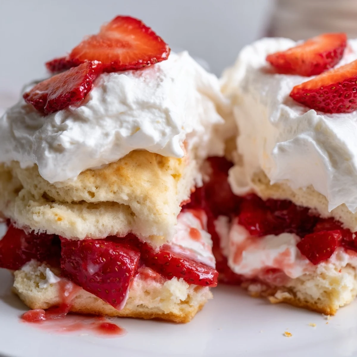 Homemade Strawberry Shortcake with Fresh Whipped Cream on a rustic plate, showcasing glossy berry topping and softly whipped cream.