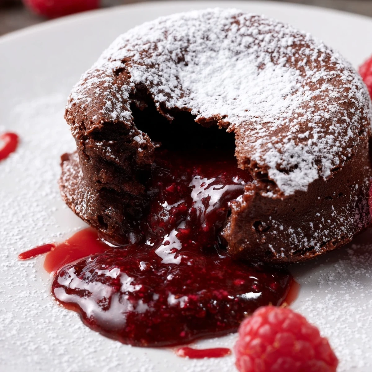 Glossy Chocolate Lava Cakes with Raspberry Sauce drip with warm chocolate beside vibrant berry drizzle on a dessert plate.  