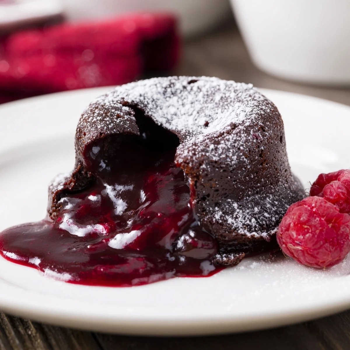 A close-up of Chocolate Lava Cakes with Raspberry Sauce reveals molten centers, powdered sugar dusting, and fresh raspberry garnish.  