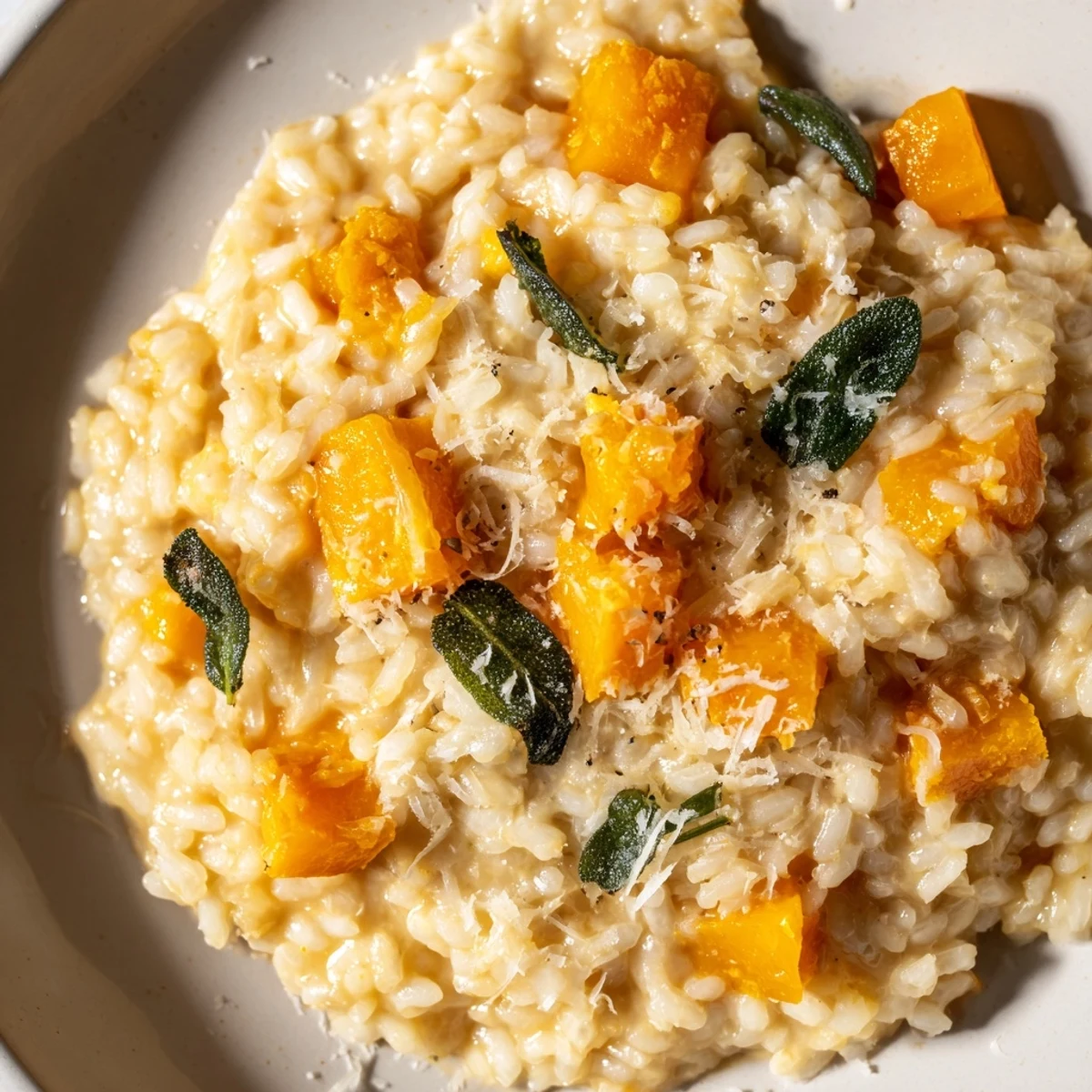 A close-up of warm Winter Squash Risotto with Sage, steam rising from the golden, cheesy surface.  