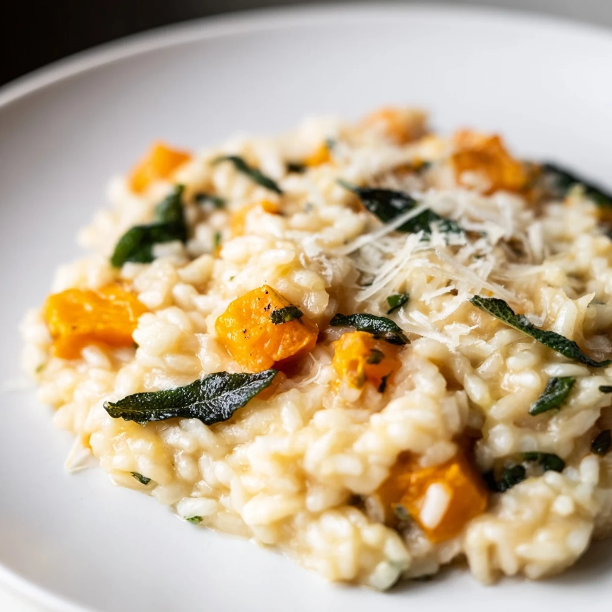 Winter Squash Risotto with Sage served creamy and garnished with fresh sage leaves and grated Parmesan.  