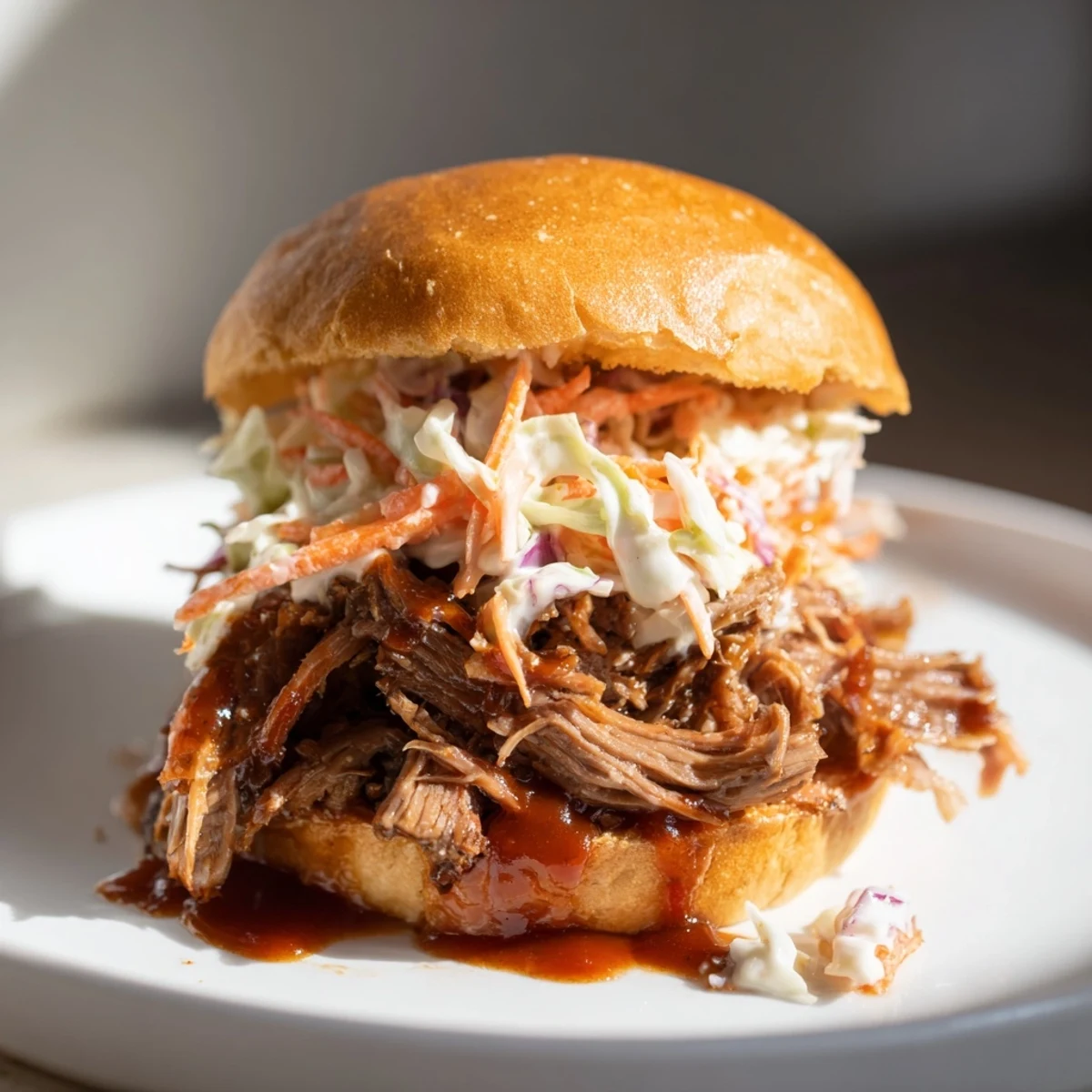 Slow cooker pulled beef sandwiches piled high with tender shredded beef and crunchy tangy slaw on soft brioche buns.  