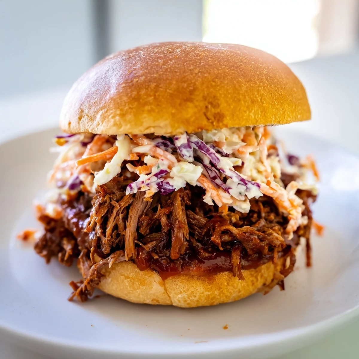 Tender shredded beef slow-cooked to perfection, served on toasted buns with crisp carrot-cabbage slaw.