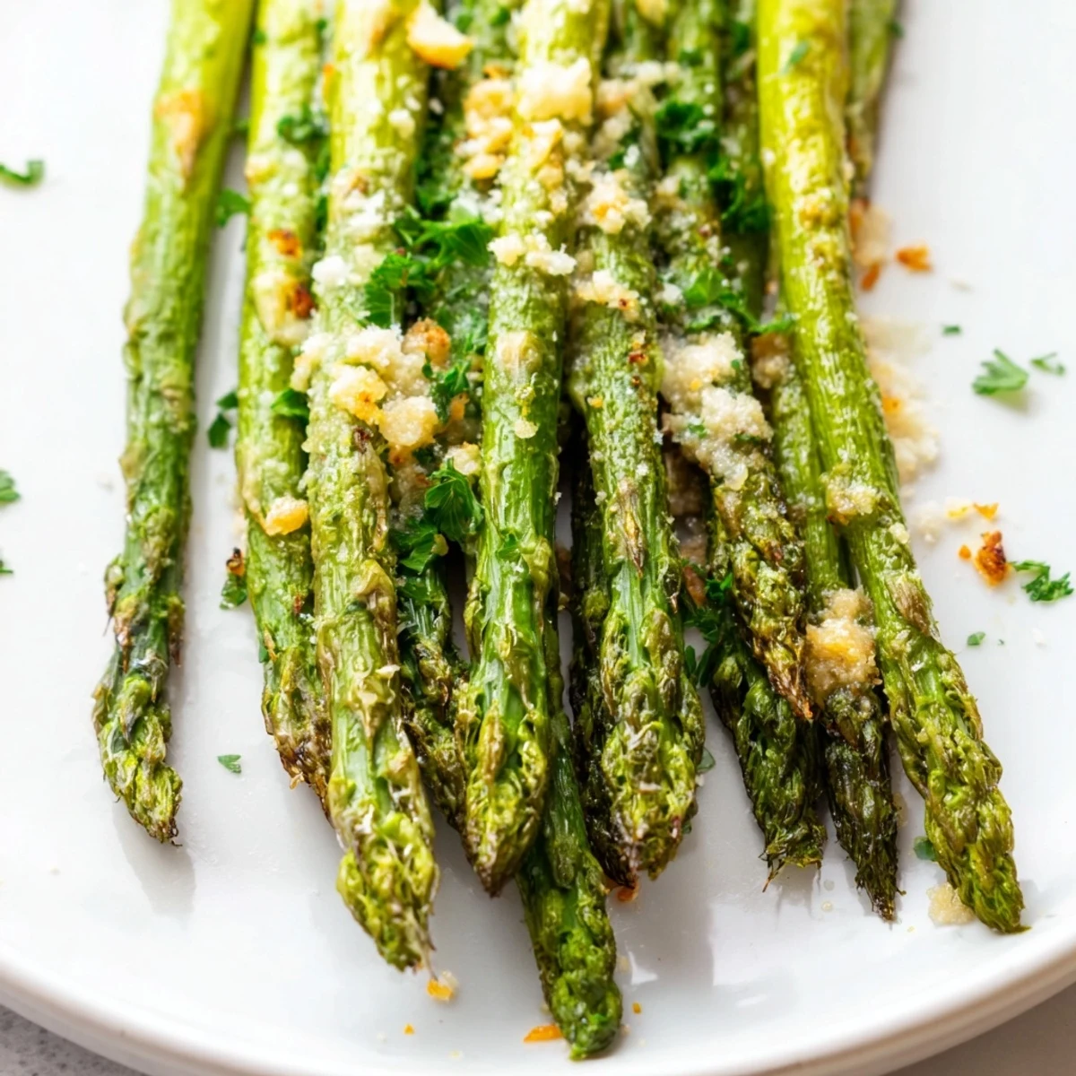 Garlic Parmesan Roasted Asparagus Spears on a white plate, lightly dusted with red pepper flakes and ready to serve alongside dinner.