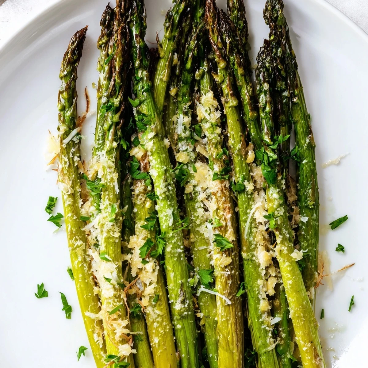 Fresh Garlic Parmesan Roasted Asparagus Spears roasted until tender-crisp, with melted cheese and a hint of garlic on the spears.