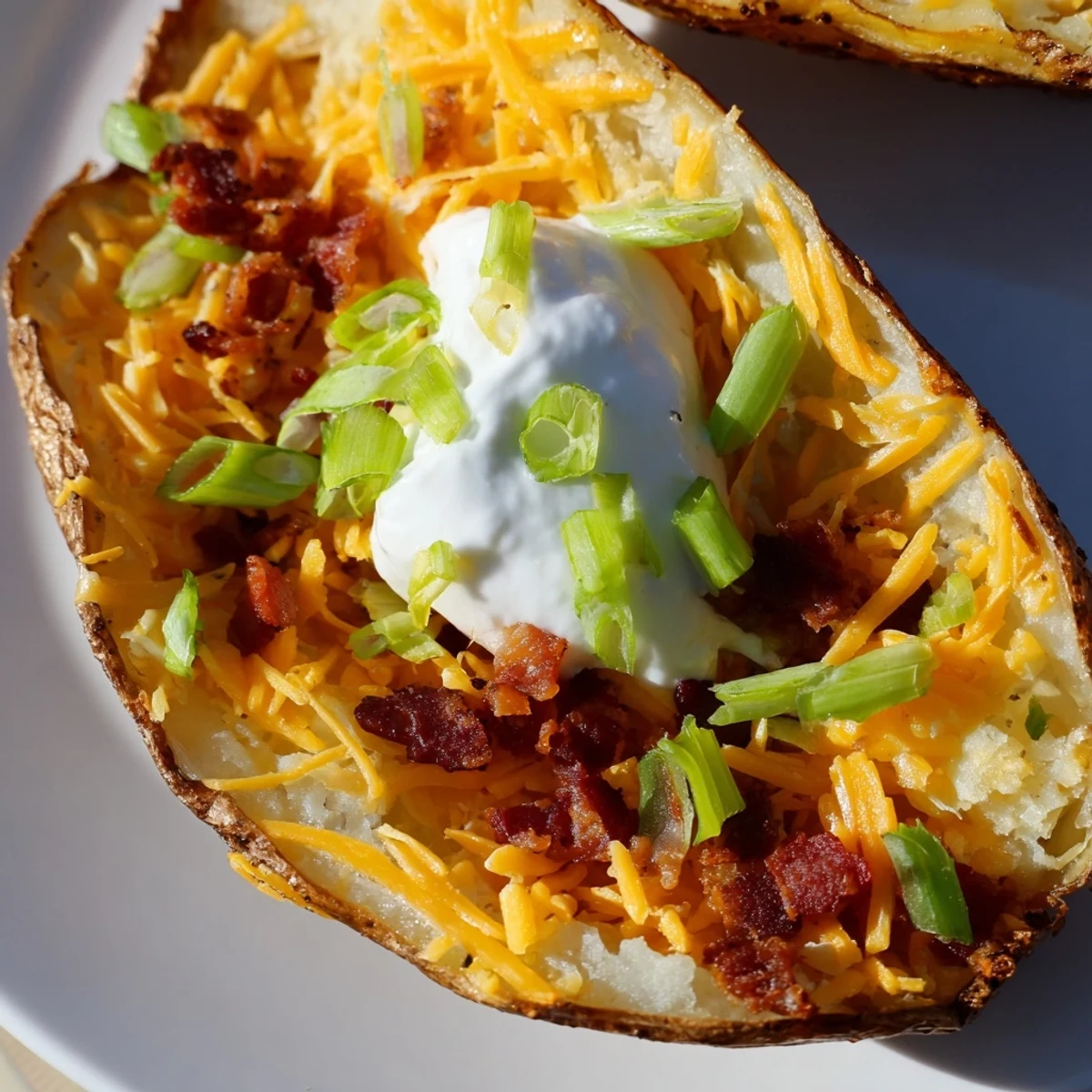 Freshly baked russet potato skins topped with shredded cheese, crispy bacon, and a dollop of sour cream, ready to serve hot.