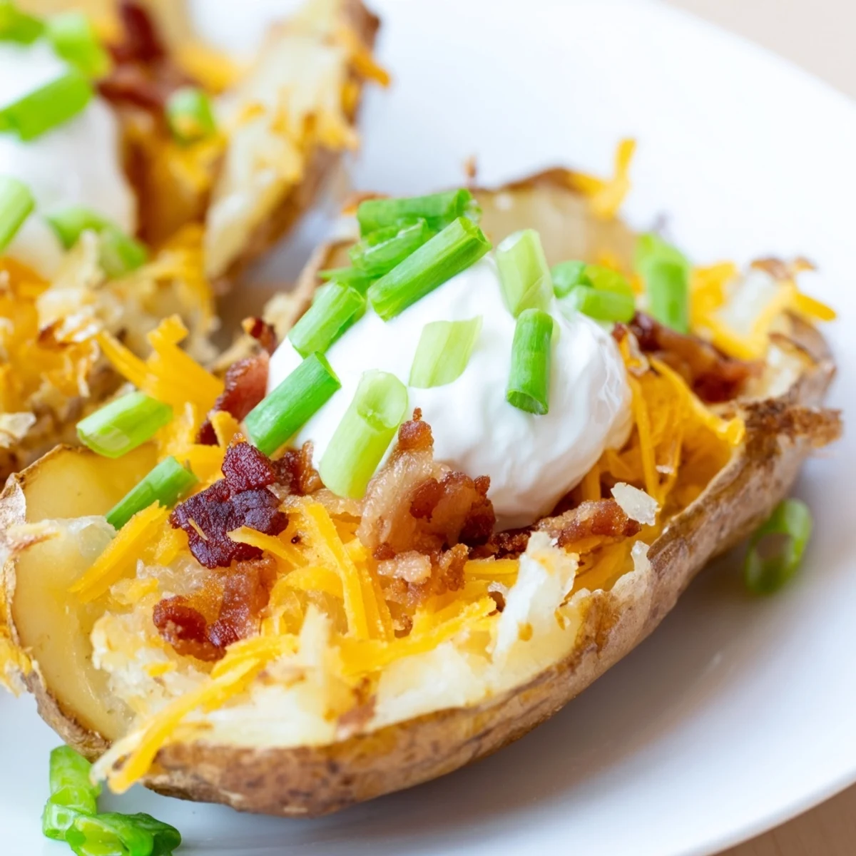 Golden potato skins loaded with gooey cheese, sour cream, and fresh chives—served warm as a perfect appetizer for game day gatherings.  