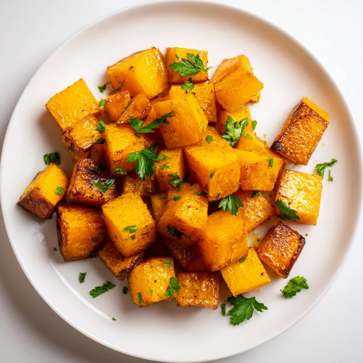 Golden-brown roasted butternut squash cubes glistening with cinnamon, served warm from the oven as a simple vegetarian side dish.