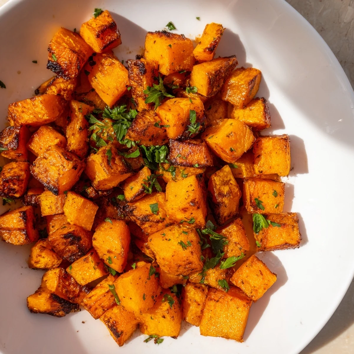 Freshly roasted butternut squash with warm cinnamon and fresh parsley, a golden caramelized vegetarian side ready for a family dinner.