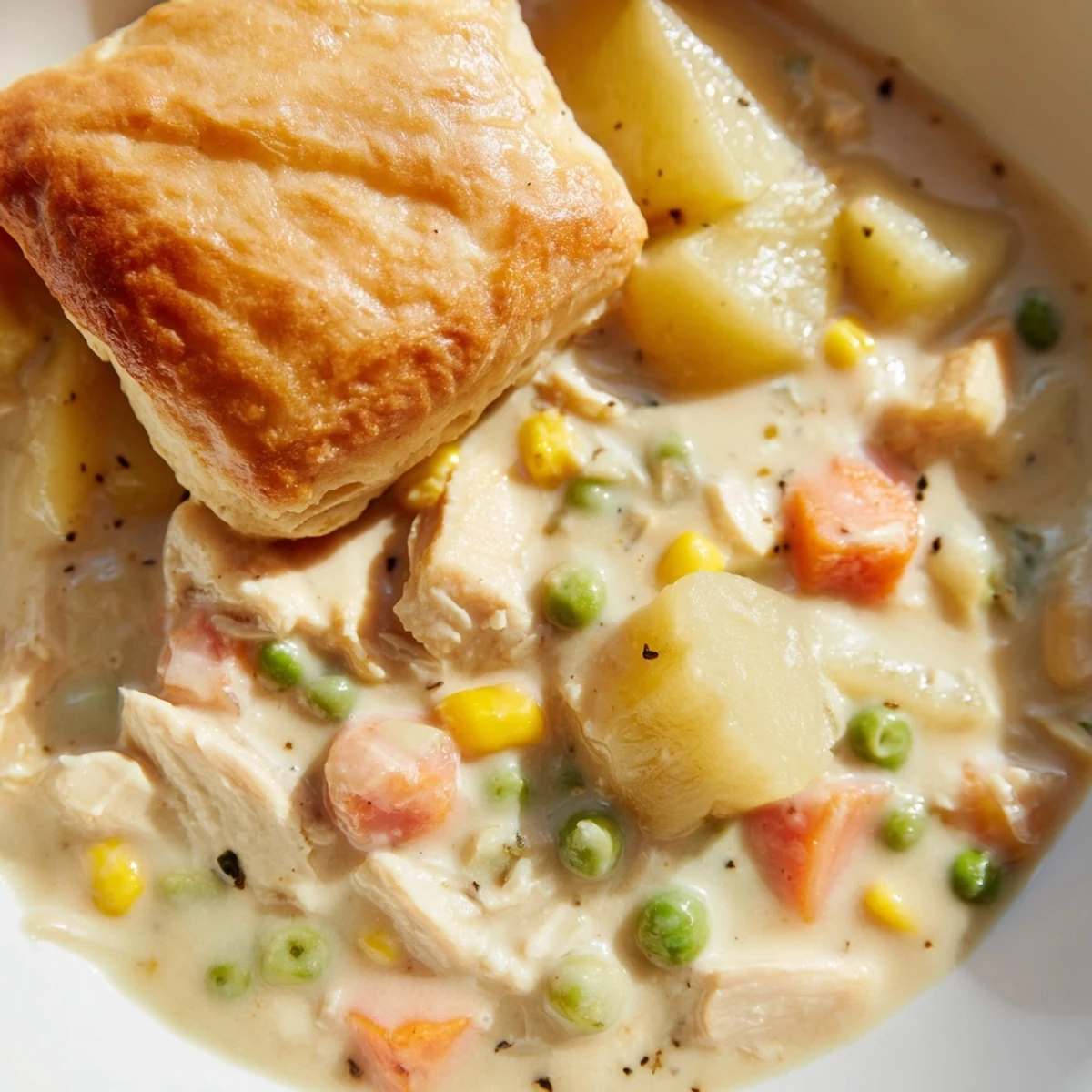 A warm bowl of creamy Chicken Pot Pie Soup with a fluffy homemade biscuit on top, revealing tender chicken, carrots, and peas.