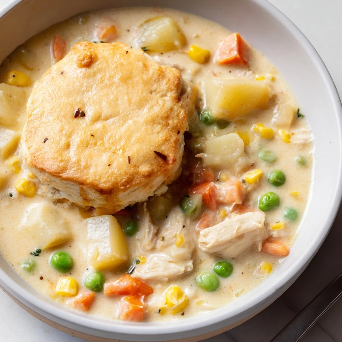 Hearty Chicken Pot Pie Soup served in a rustic bowl, featuring golden biscuits and a garnish of fresh parsley for a cozy dinner.