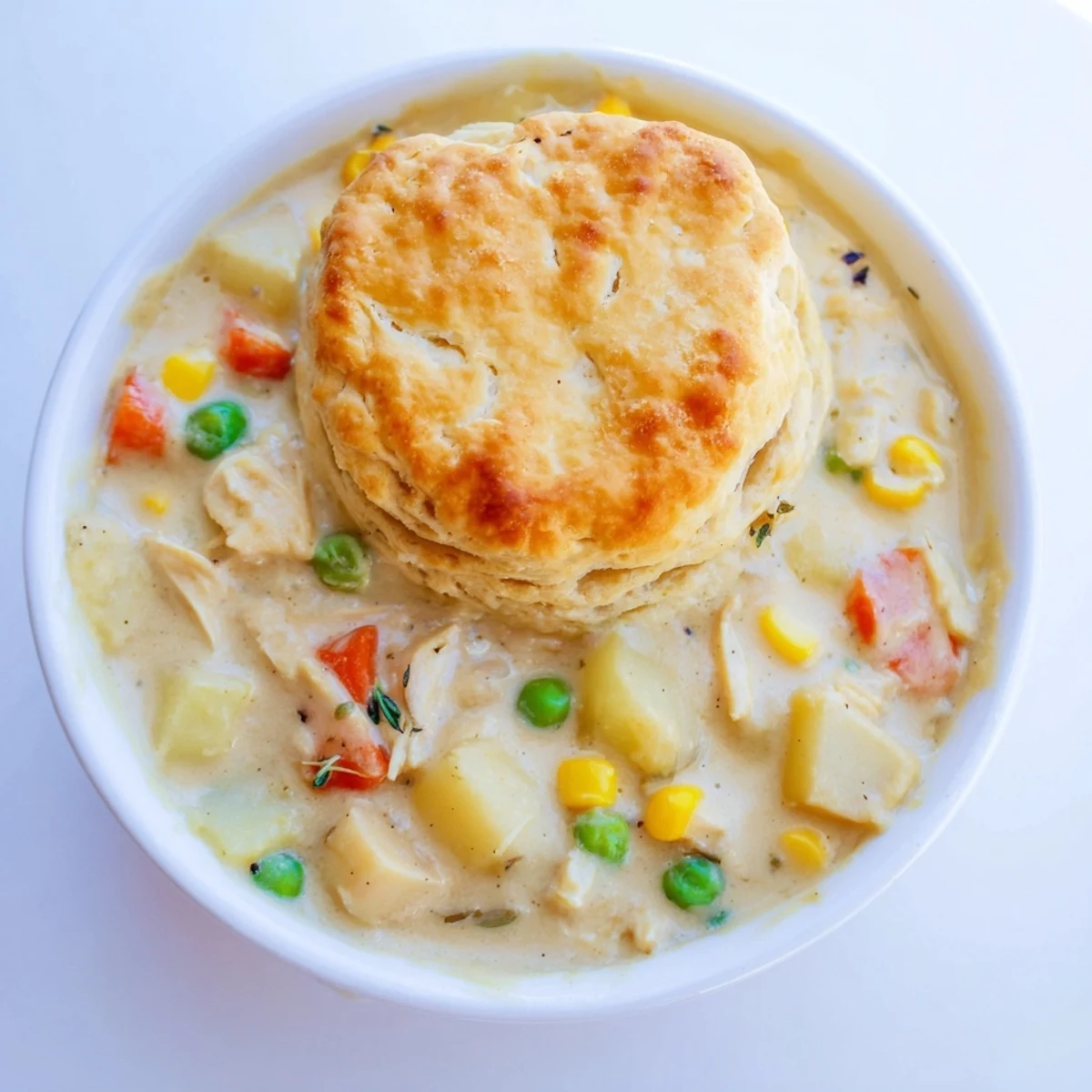 Steaming hot Chicken Pot Pie Soup with vegetables and shredded chicken, accompanied by a flaky, buttery biscuit, ready to be dunked.