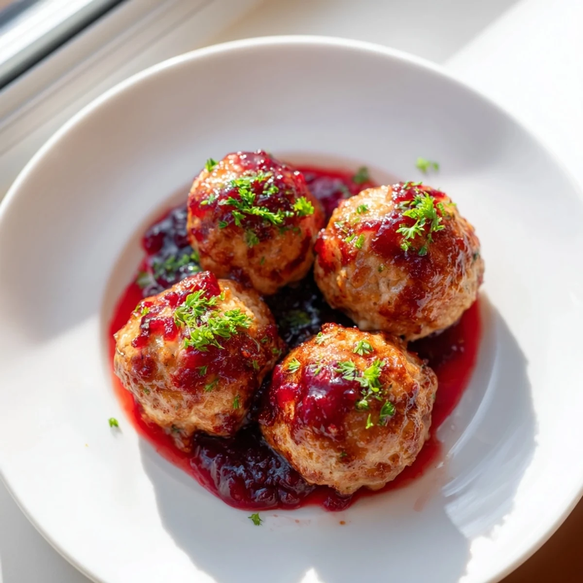 Golden-brown turkey meatballs with cranberry glaze arranged on a white platter, garnished with fresh parsley for a festive appetizer.  