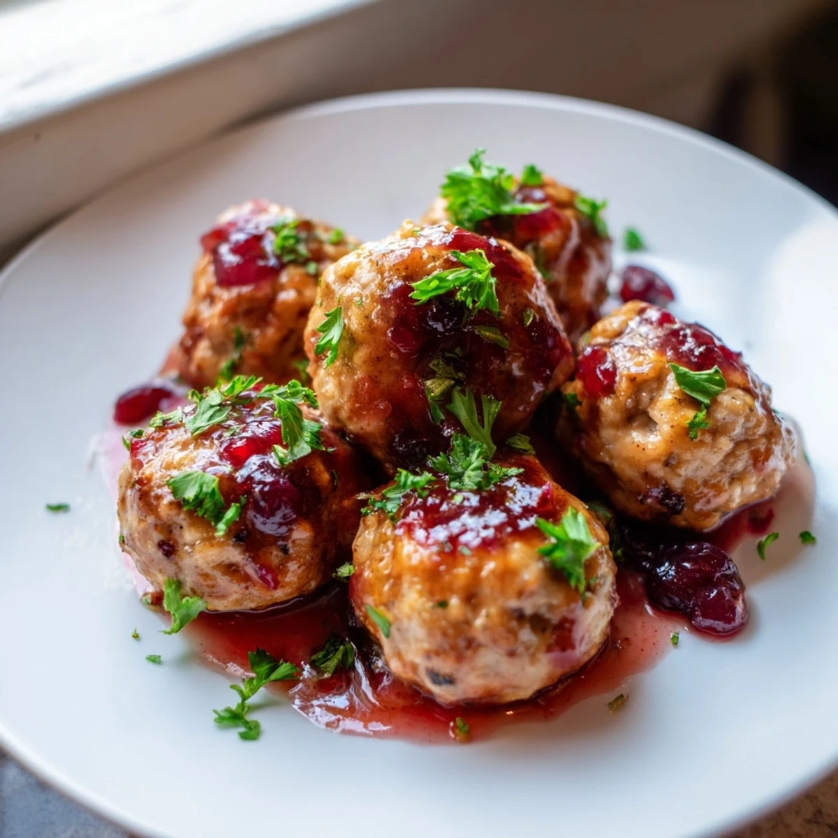 Warm turkey meatballs with cranberry glaze served over creamy mashed potatoes for a comforting main dish.  