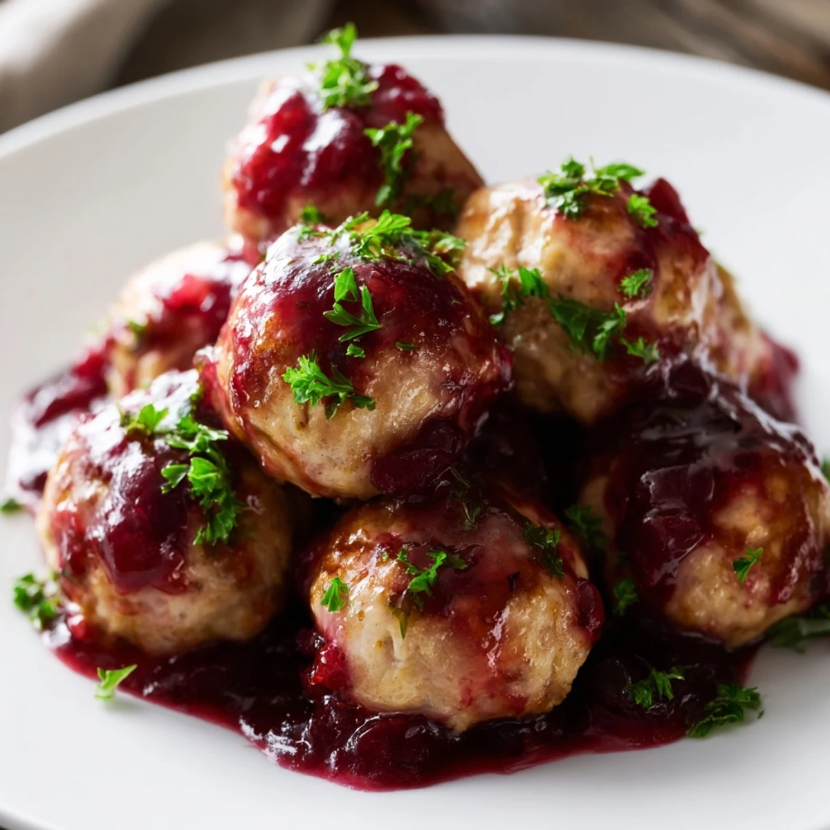 Savory turkey meatballs coated in glossy cranberry glaze, perfect for a holiday party platter.