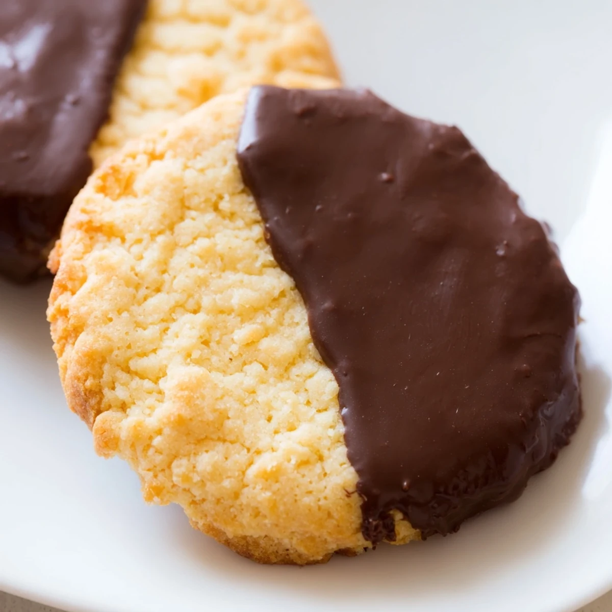 A close-up of Chocolate Dipped Shortbread Cookies showing delicate, buttery shortbread halves coated in glossy dark chocolate.