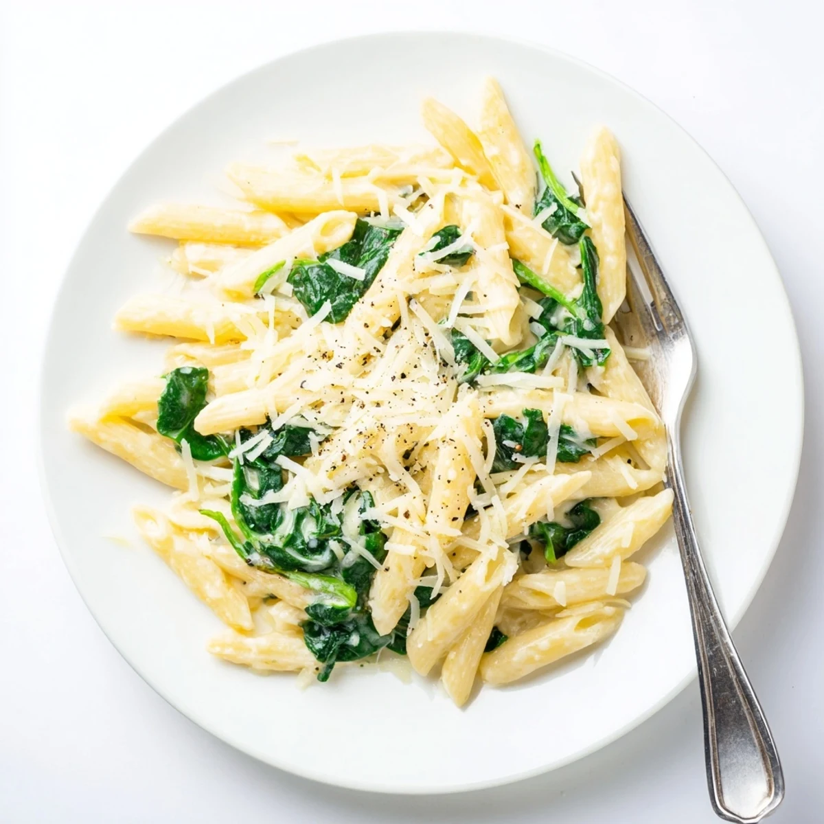 A bowl of creamy spinach pasta with garlic sauce, garnished with extra Parmesan and cracked pepper.  