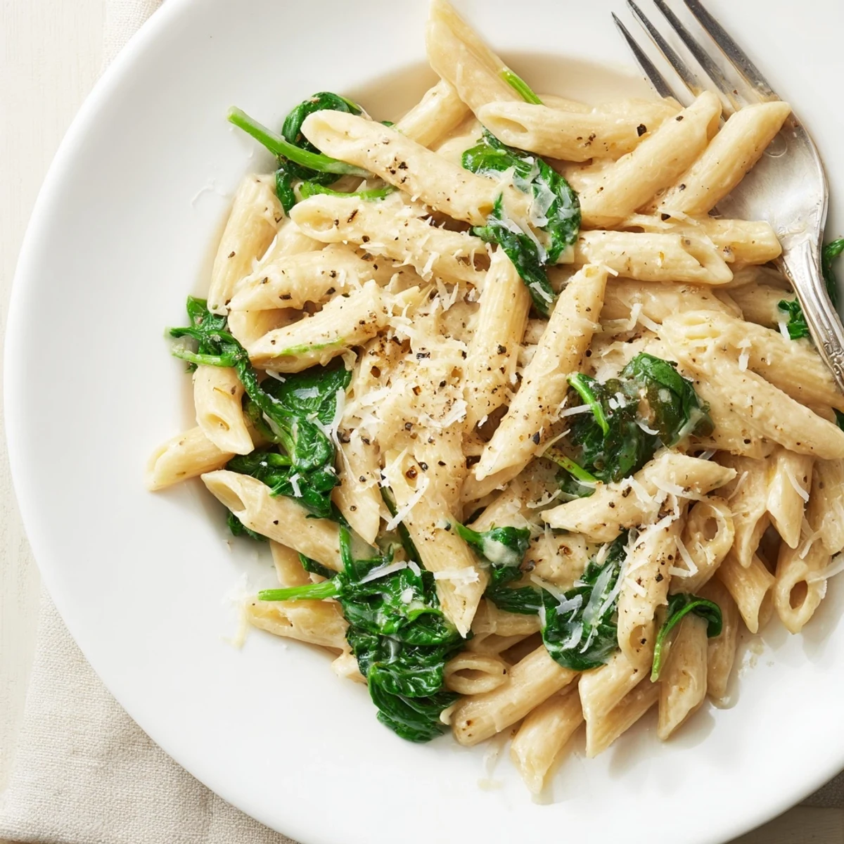Close-up of creamy spinach pasta with garlic, highlighting tender penne and a luscious sauce.
