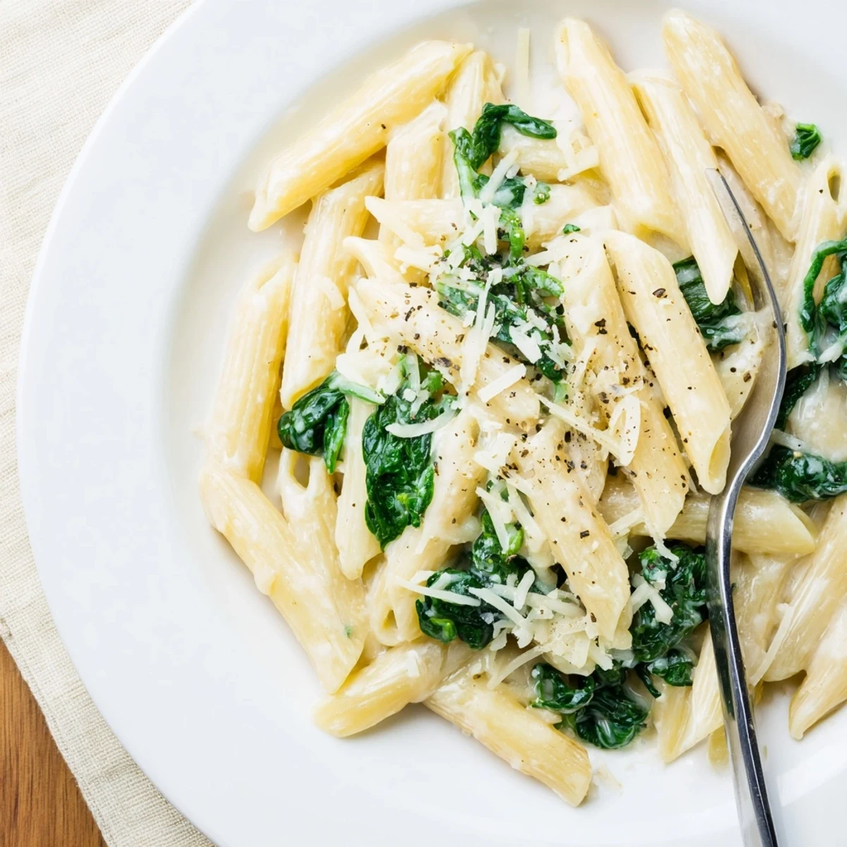 Steaming plate of creamy spinach pasta with garlic, featuring wilted spinach and silky sauce.  