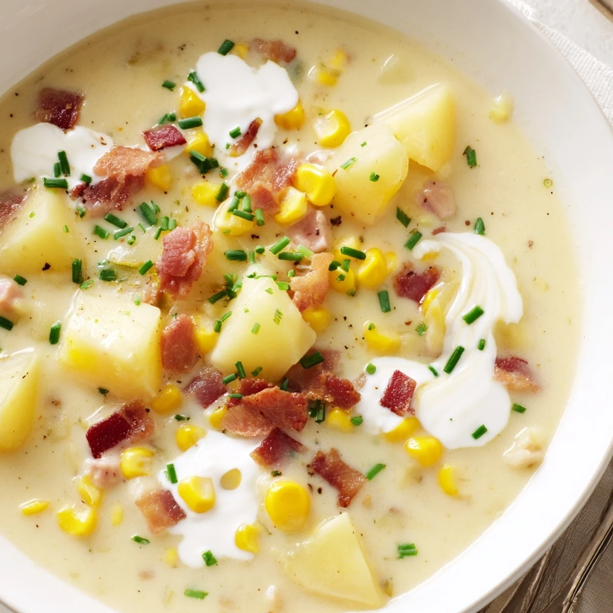 Creamy corn chowder with turkey bacon steams in a white bowl, topped with crispy bacon bits and fresh chives.