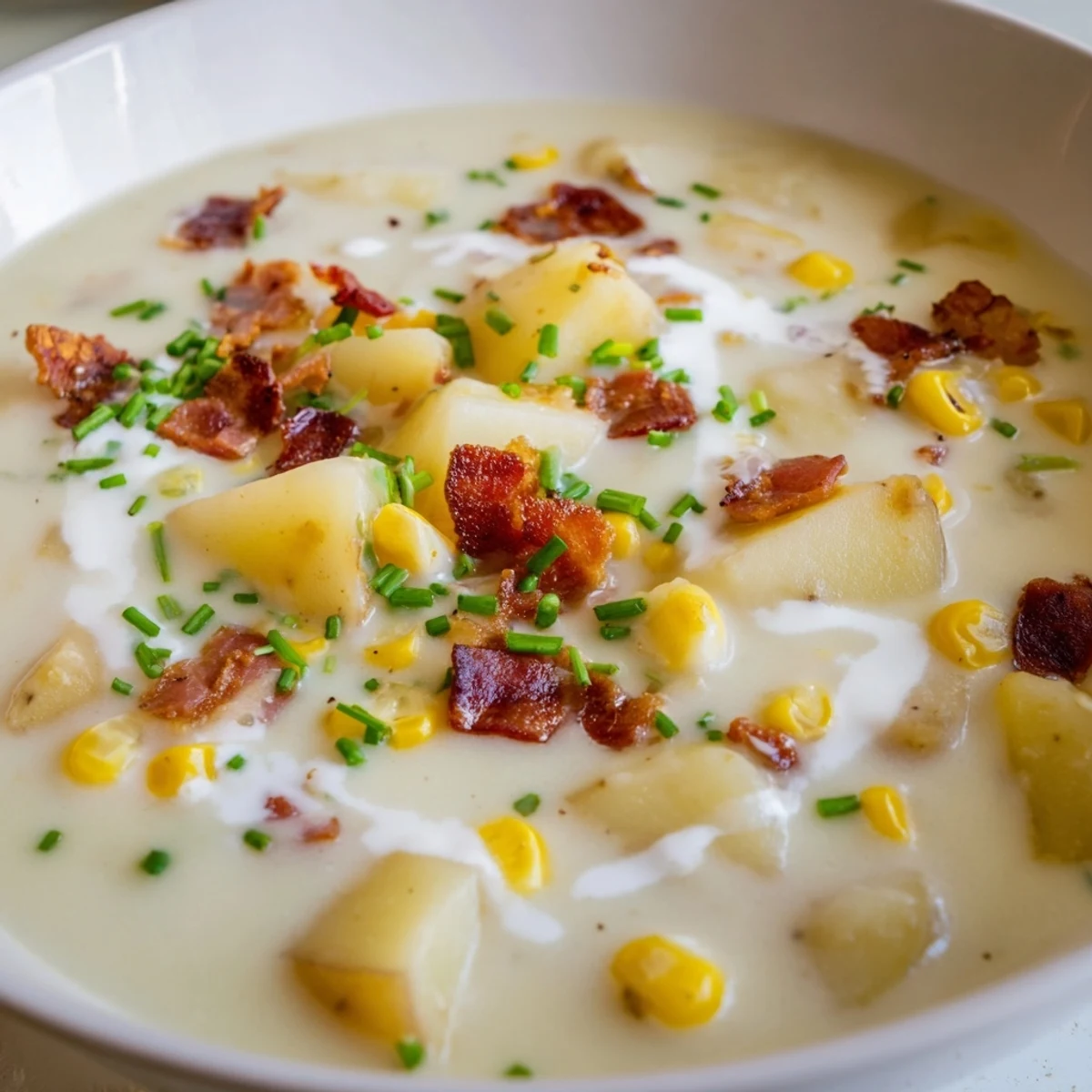 A spoonful of creamy corn chowder with turkey bacon reveals tender potatoes and sweet corn kernels in a rich broth.
