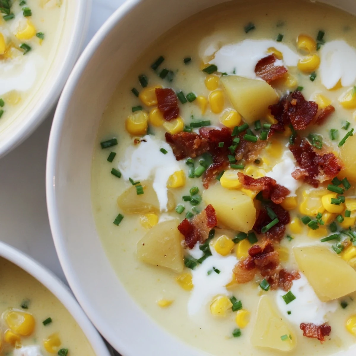 Crusty bread accompanies a cozy bowl of creamy corn chowder with turkey bacon, ready for a chilly evening meal.