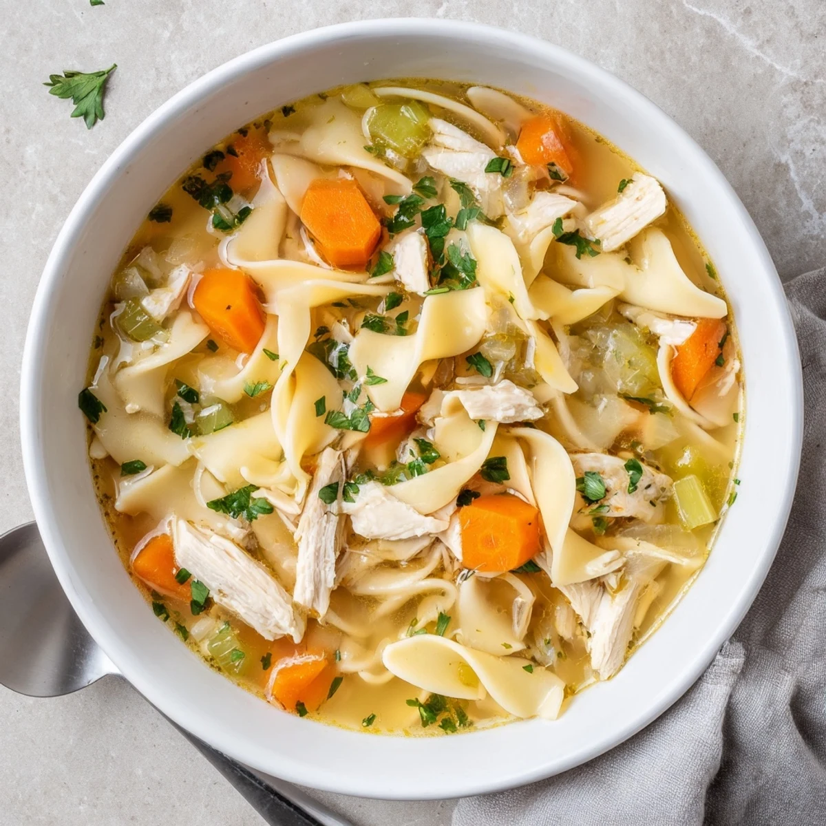 Freshly cut homemade noodles cooking in a rich golden broth with carrots, celery, and tender chicken pieces.