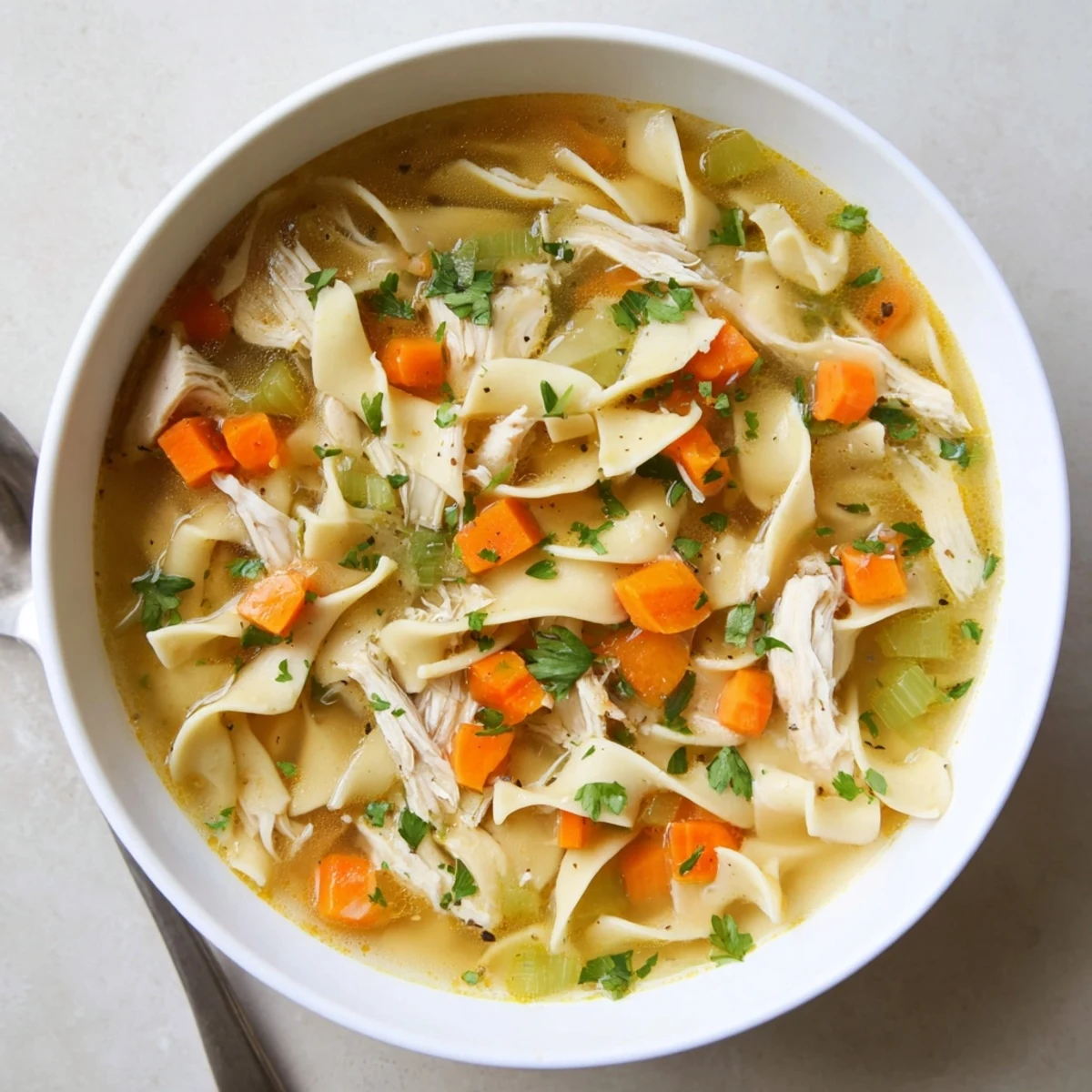 Comforting Chicken Noodle Soup with Homemade Noodles served in a rustic bowl, garnished with fresh parsley.
