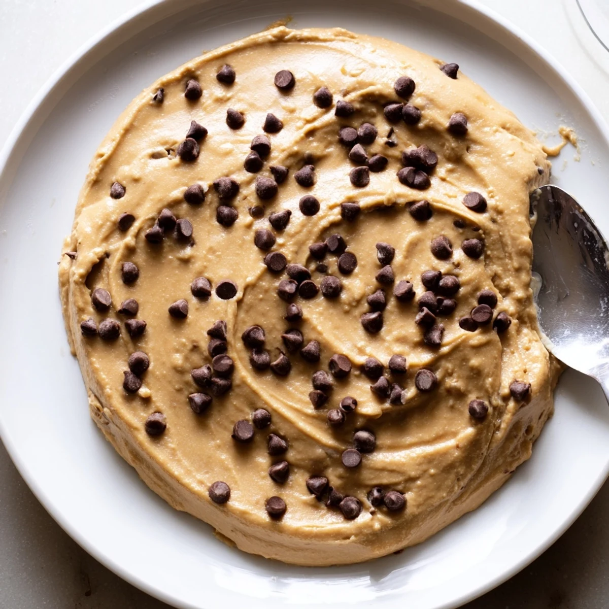 A bowl of chocolate chip cookie dough hummus topped with extra mini chips, perfect for dipping apple slices.
