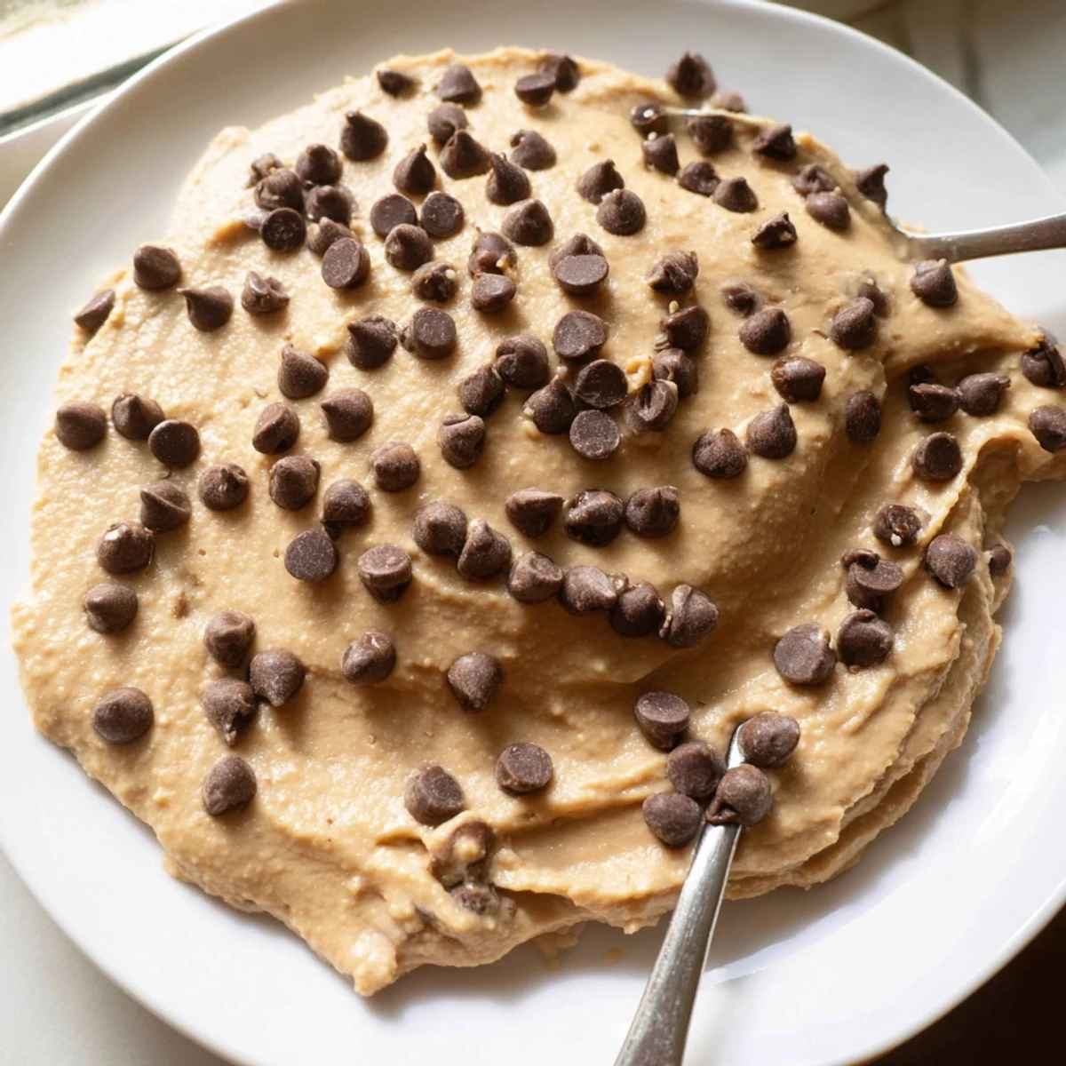 Close-up of chocolate chip cookie dough hummus showing a smooth texture and melted chocolate chips throughout.