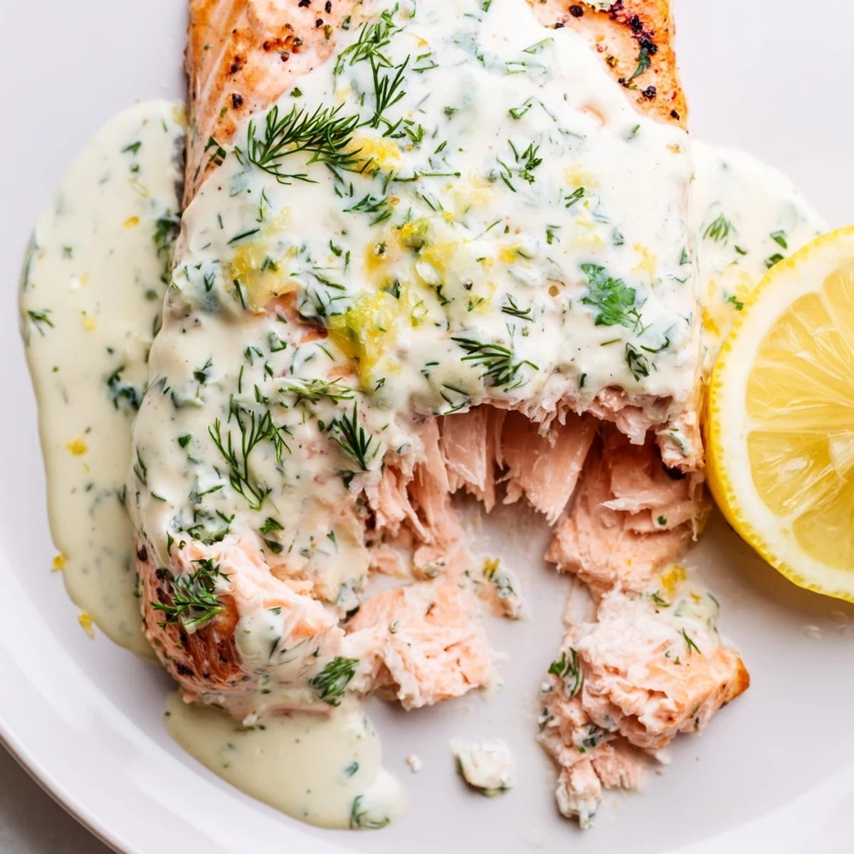 A close-up of baked salmon with dill and lemon sauce, garnished with fresh herbs and lemon slices on a rustic plate.