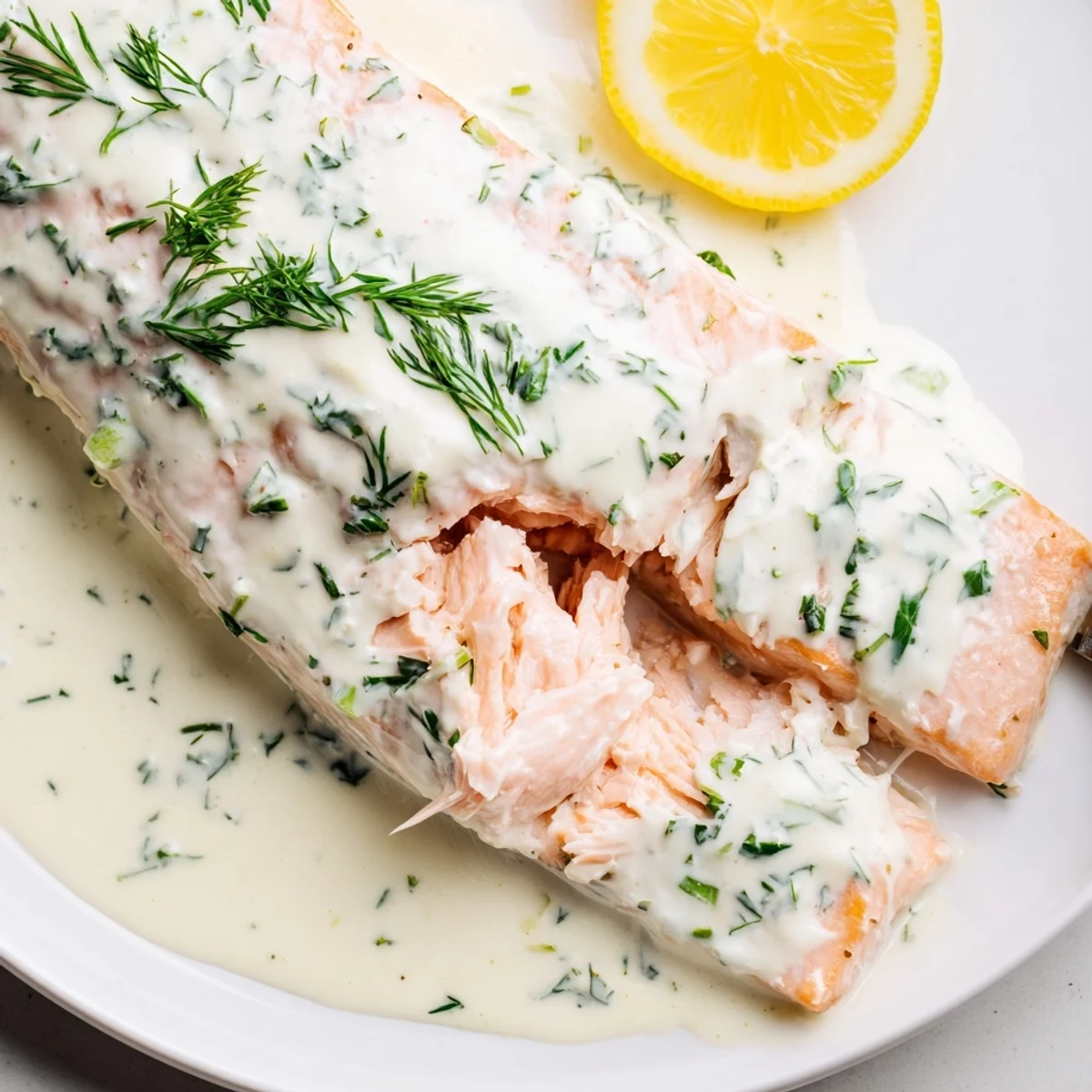 Bright and fresh baked salmon with dill and lemon sauce drizzled over, topped with extra dill for a vibrant main dish.