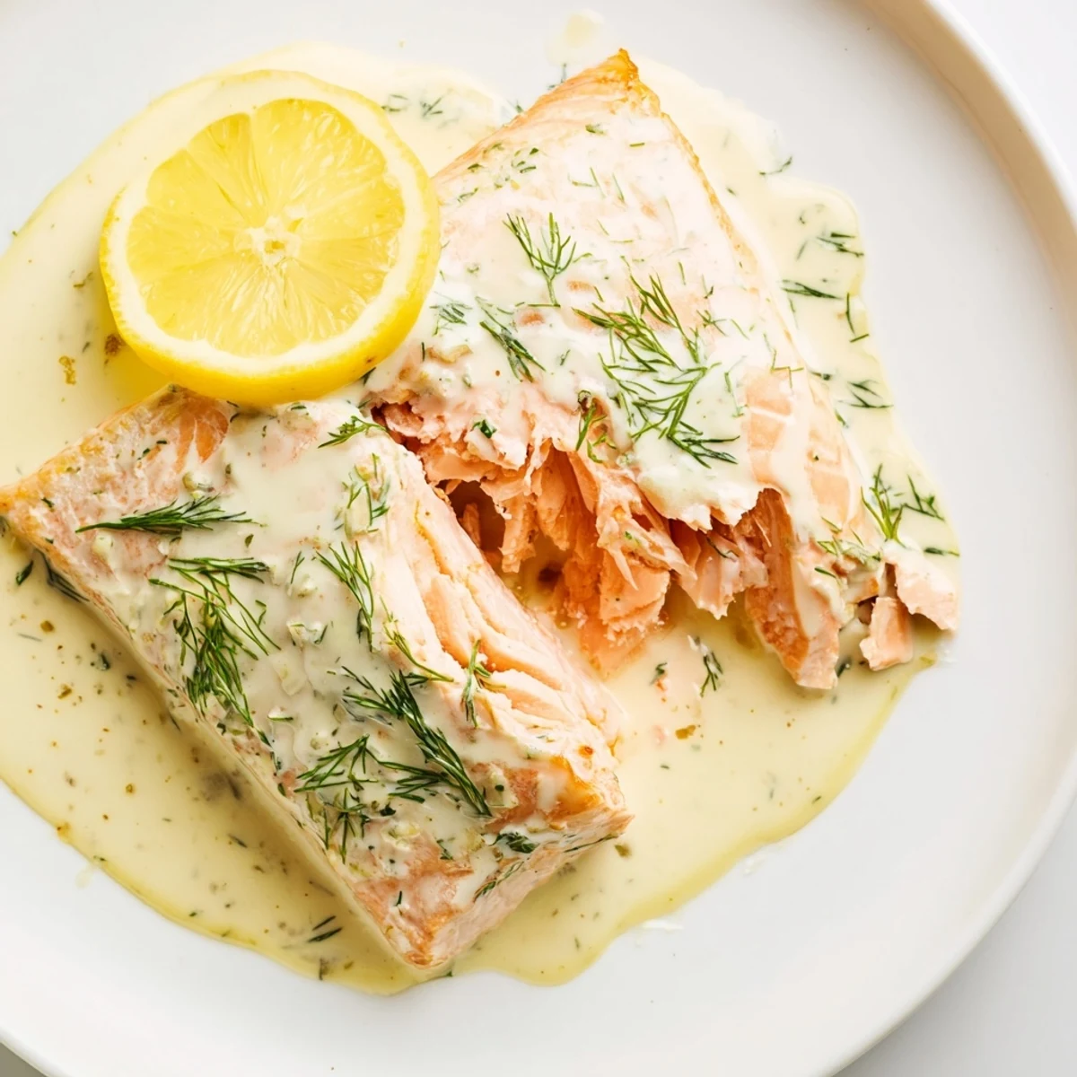 Perfectly baked salmon with dill and lemon sauce flaking gently, served alongside roasted asparagus and baby potatoes for a healthy meal.