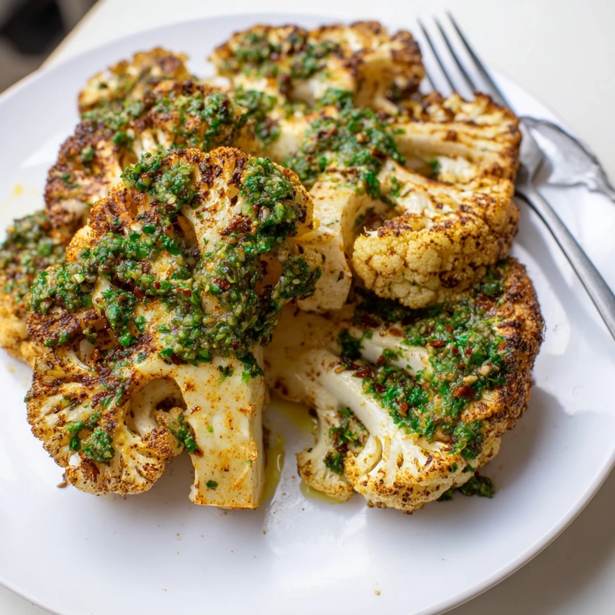 Golden-brown roasted cauliflower steaks drizzled with a bright, herby chimichurri sauce, served on a rustic platter.