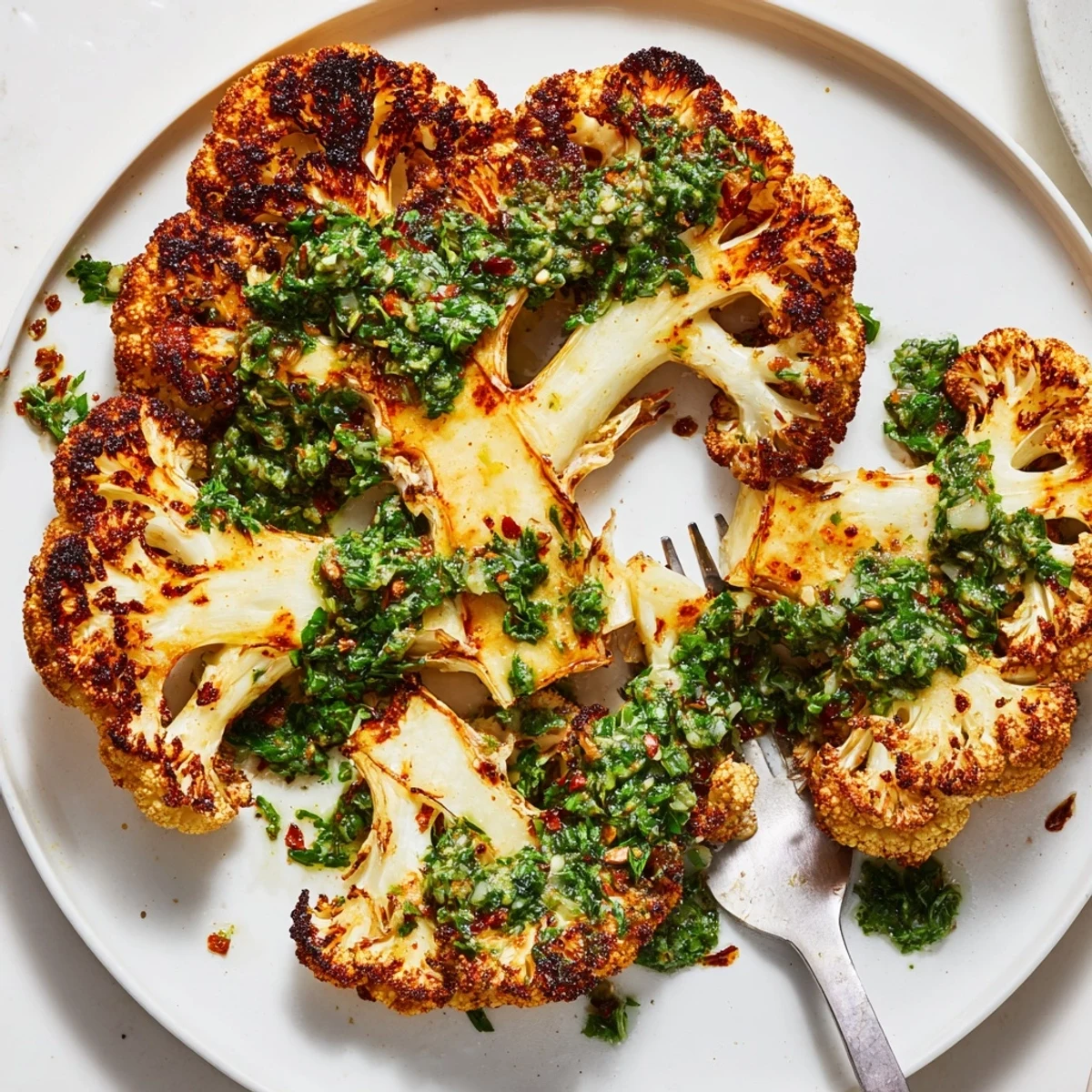 Roasted cauliflower steaks with chimichurri, garnished with fresh parsley and a drizzle of olive oil.