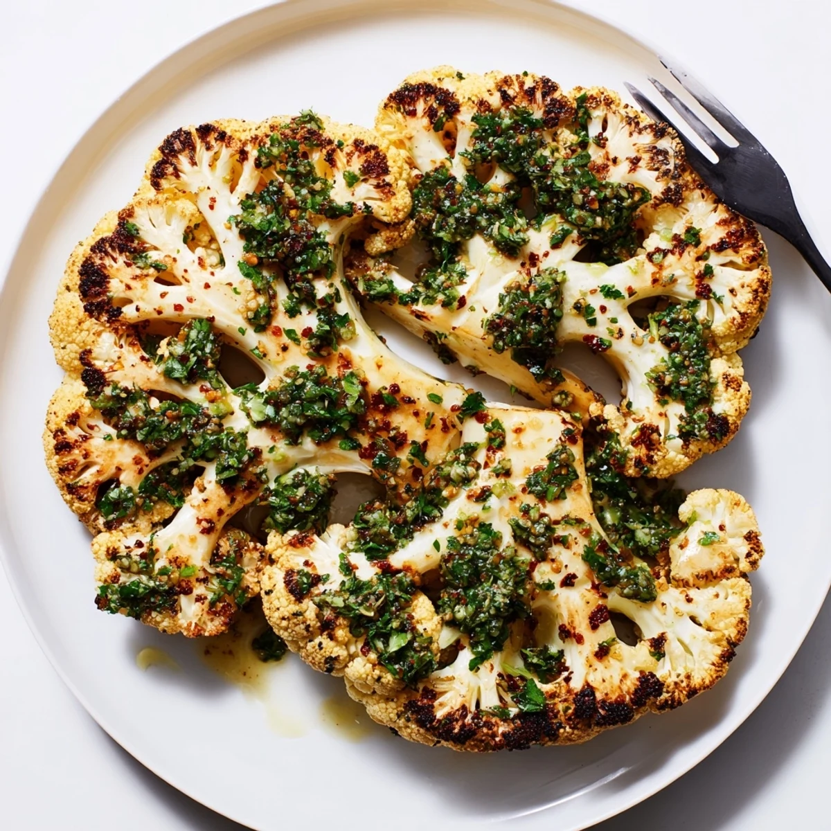 Hearty cauliflower steaks with crispy edges, topped with vibrant chimichurri for an easy vegetarian dinner.