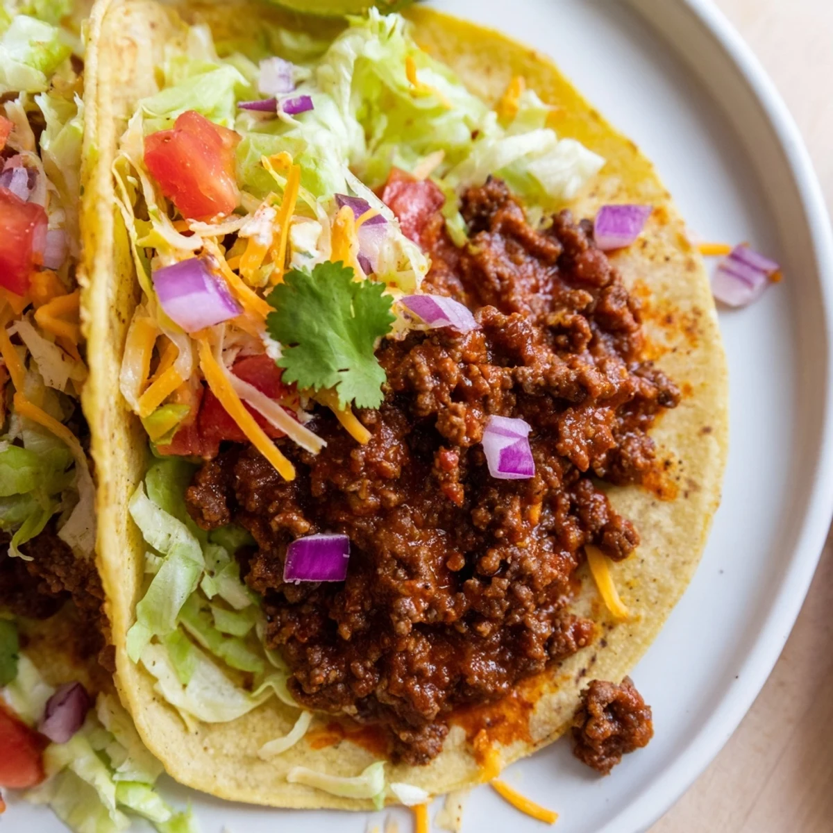 Juicy ground beef with homemade taco seasoning sits in warm corn tortillas, topped with fresh lettuce, cheese, and lime wedges.