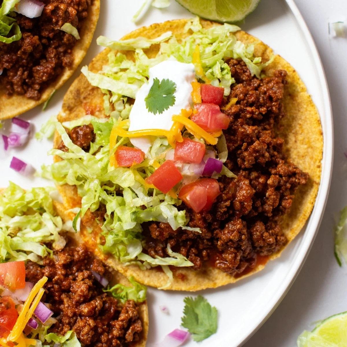 A close-up of flavorful beef tacos with homemade seasoning, garnished with diced tomatoes, red onion, and a dollop of sour cream.