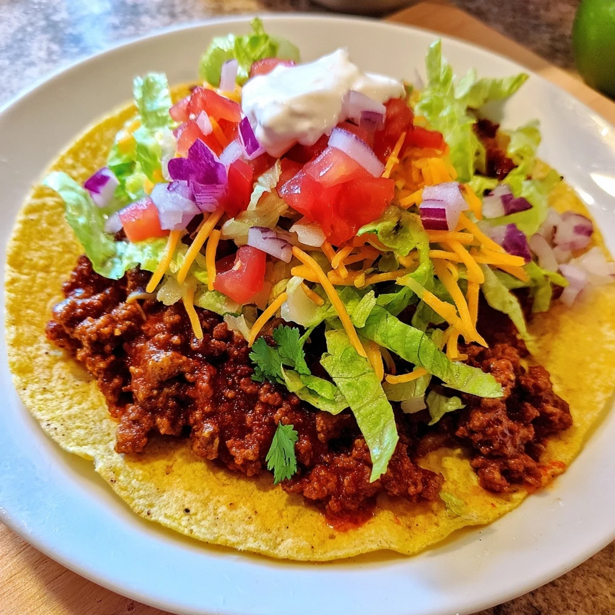 Homemade taco beef filling in soft tortillas, topped with vibrant cilantro and shredded cheese, ready for a quick family dinner.
