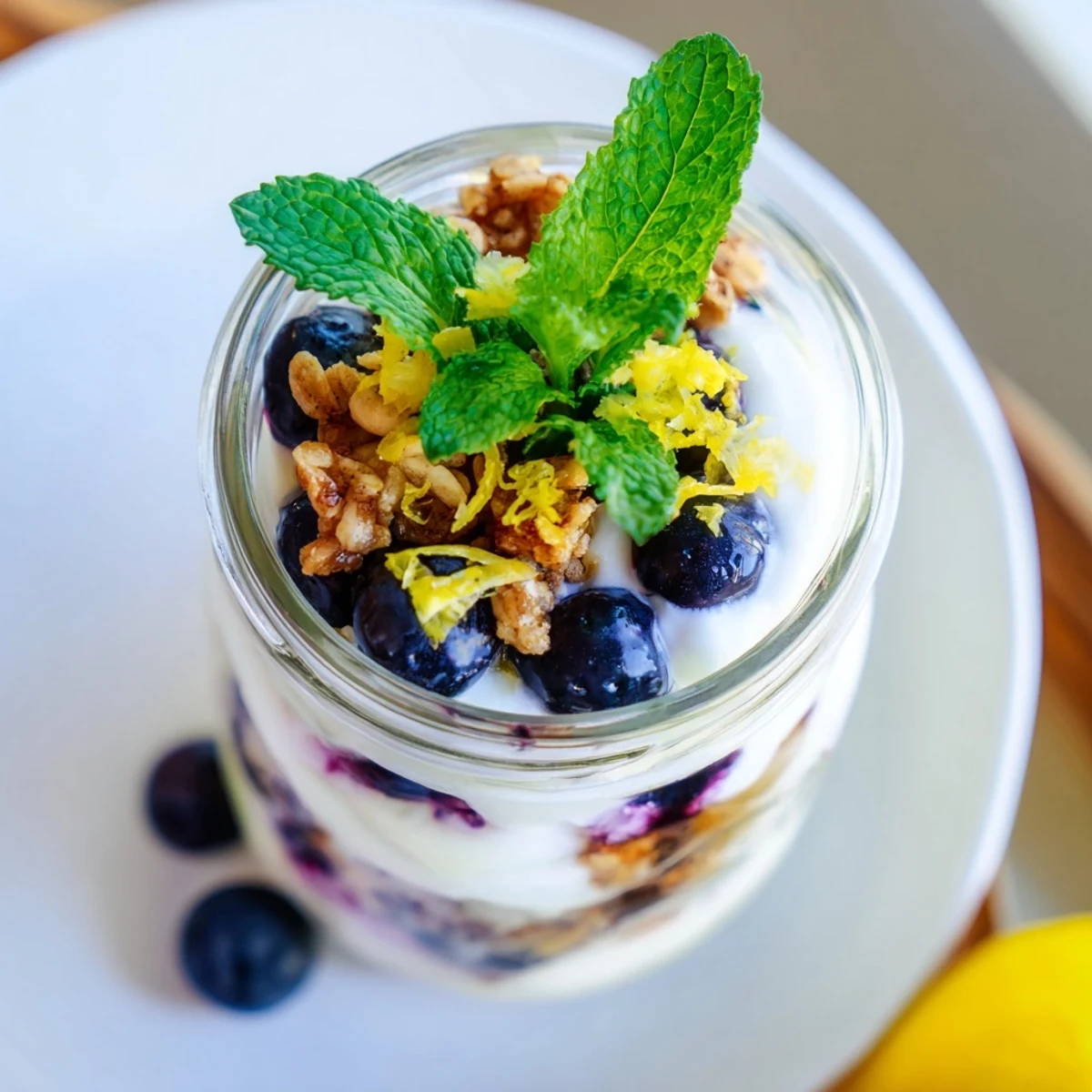 A close-up of a vibrant Lemon Blueberry Yogurt Parfait with Granola layered in a clear glass, showing creamy yogurt and juicy berries.  