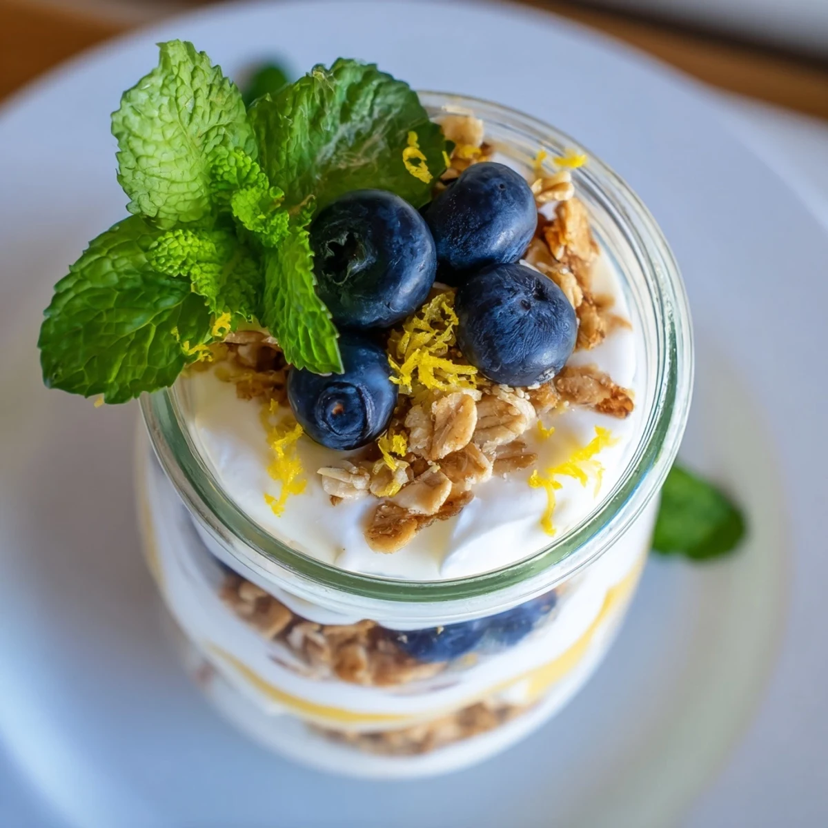 This top-down view of a Lemon Blueberry Yogurt Parfait with Granola highlights the crunchy granola nestled between creamy lemon yogurt and fresh blueberries.  